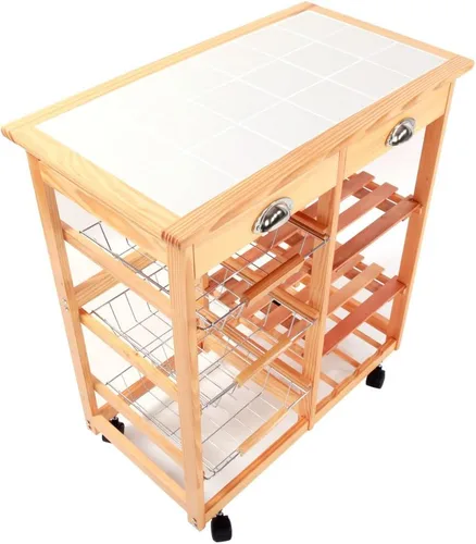 Miniatura 7 de Carrito de cocina de madera rodante de 3 niveles, carrito utilitario de almacenamiento sobre ruedas con cajones Shleves y estante para vino