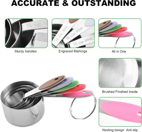 Miniatura 6 de EDELIN Juego de tazas medidoras y cucharas medidoras magnéticas, acero inoxidable, 5 tazas y 7 cucharas (multicolor)