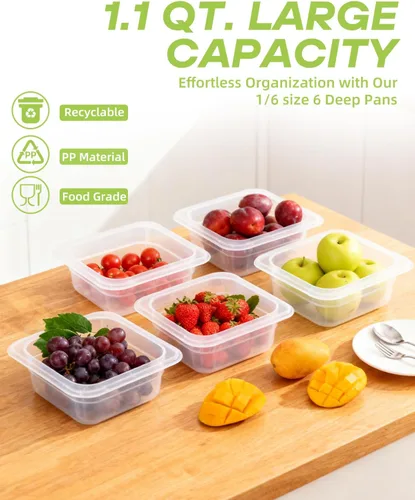Miniatura 2 de Paquete de 6 bandejas de plástico para alimentos con tapas, tamaño 1/6 recipientes comerciales de almacenamiento de alimentos para fiestas