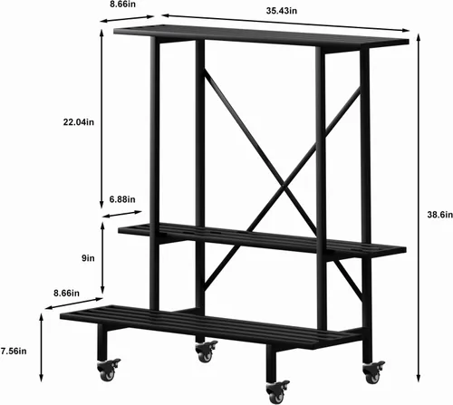 Miniatura 6 de Zhongma Soporte para Plantas de Metal de 3 Niveles de Servicio Pesado con Ruedas, 35.43 L x 17.5 A x 38.6 Al. Soporte para Plantas que Ahorra Espacio