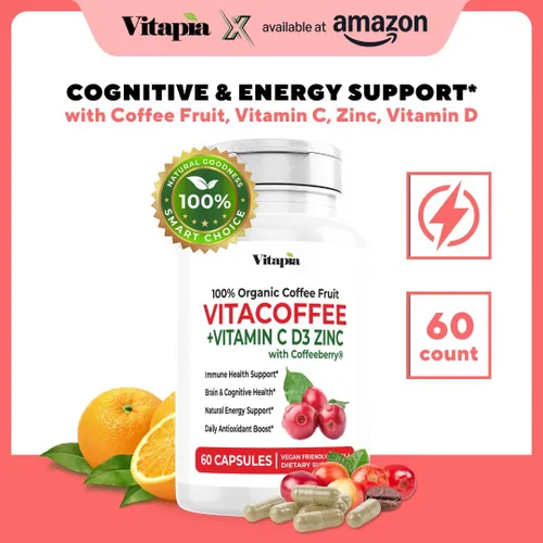Miniatura 2 de Vitacoffee Píldoras de cafeína – Fruta de café, vitamina C, vitamina D, gluconato de zinc – Energía, memoria, enfoque, antioxidante, soporte