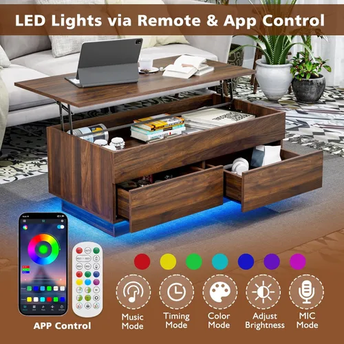 Miniatura 3 de HOMMPA Mesa de centro moderna con tapa elevable con almacenamiento para sala de estar, mesa de centro LED, mesa de comedor de madera con 2 cajones