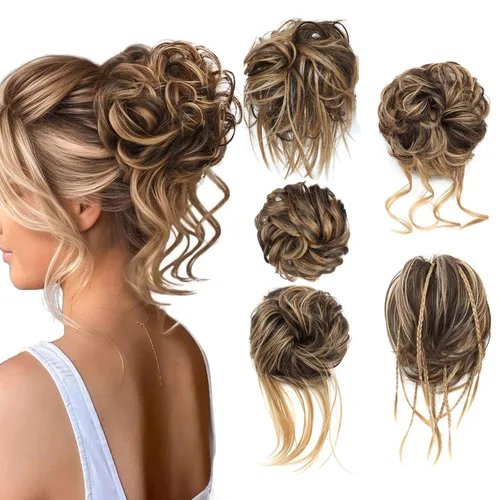 Miniatura 25 de 5 piezas de extensiones de cabello para moños desordenados con banda elástica de goma para mujeres, extensiones de cola de caballo con horquillas