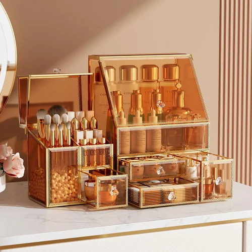 CoralHouse Organizador de maquillaje ámbar, organizador de tocador de vidrio para cuidado de la piel, lápices labiales, perfumes, brochas de