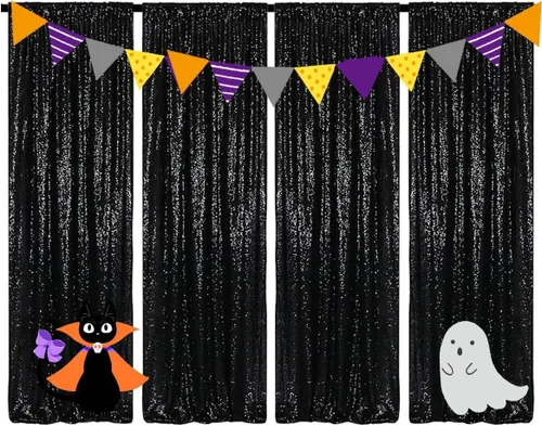 Miniatura 4 de Cortinas de Fondo de Lentejuelas Negras 4 Paneles 2FTx8FT Telón de Fondo para Fotos de Boda con Purpurina Cortinas de Fiestas de Cumpleaños y Oro