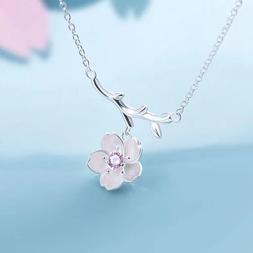 Miniatura 2 de SEniutarm Collares para mujeres y niñas Flores de cerezo flores ramas de árbol colgante collar mujer elegante joyería colgante cadena de San