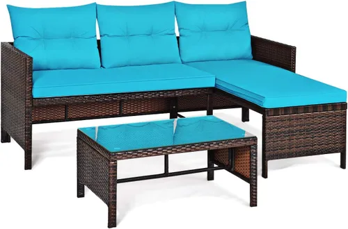 Miniatura 10 de COSTWAY Juego de muebles de patio de 3 piezas, sofá seccional de mimbre para exteriores con cojines y mesa de centro de vidrio templado para Gery