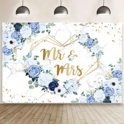 AIBIIN Telón de fondo floral de Mr and Mrs de 7 x 5 pies para despedida de soltera, flores azules y blancas, fondo de fotografía, corazones