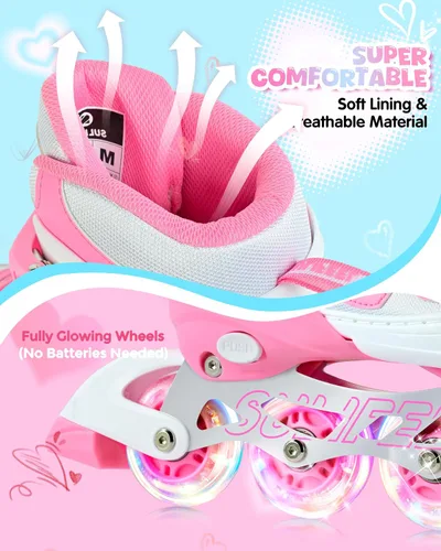 Miniatura 6 de SULIFEEL Love Hearts - Patines en línea ajustables de 4 tamaños para niñas con pompones esponjosos, ruedas iluminadas de 3 a 12 años, regalo de Rosa