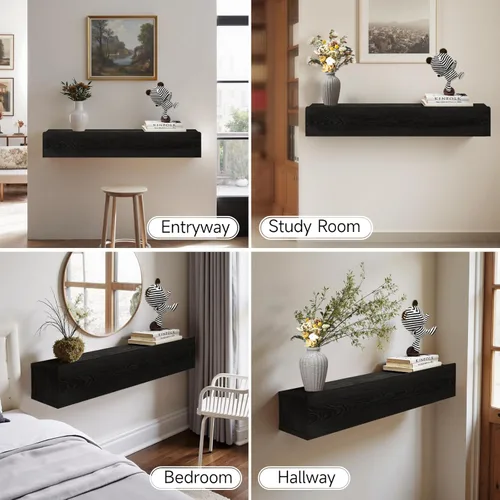 Miniatura 5 de Mesa consola flotante de madera maciza, mesa de entrada estrecha montada en la pared de 32 pulgadas con estante de almacenamiento, estantes modernos