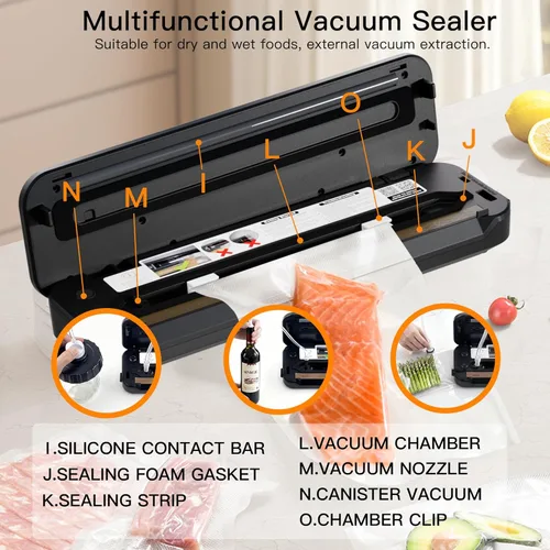 Miniatura 6 de MegaWise Máquina selladora al vacío, sellador de alimentos de 80 kPa con vacío y sellado de un solo toque, cortador y bolsas integrados, 4 modos