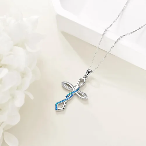 Miniatura 6 de KQF Collares de cruz para mujer, plata de ley, ópalo azul, colgante de cruz de fe, collar de Navidad, cumpleaños, joyería de regalo para mujeres