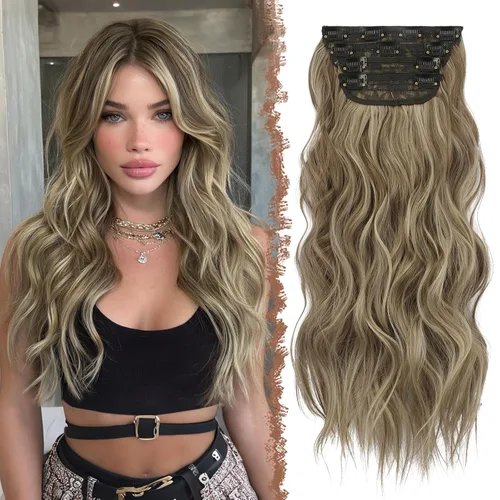 Miniatura 19 de FESHFEN Extensiones de cabello con clip - 4 piezas Extensiones de cabello sintético ondulado largo y grueso con clip para cabeza completa