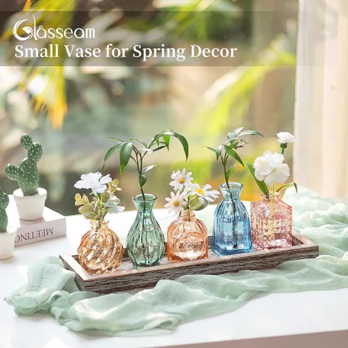 Miniatura 4 de Glasseam Jarrones de cristal para flor: 5 coloridos jarrones pequeños con bandeja de madera rústica para el hogar, oficina, sala de estar, baño