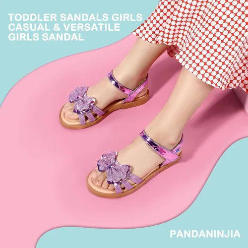 Miniatura 2 de PANDANINJIA Sandalias para niñas, puntera abierta, bonitos zapatos planos de princesa para niñas, zapatos de vestir brillantes de verano para bebés