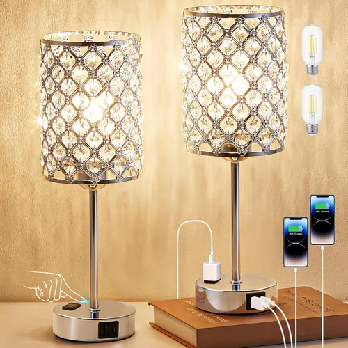 Miniatura 12 de Lámpara de mesa de cristal con control táctil, lámpara de mesita de noche regulable con puertos de carga USB-C+A y CA, lámpara USB dorada de 3 vías