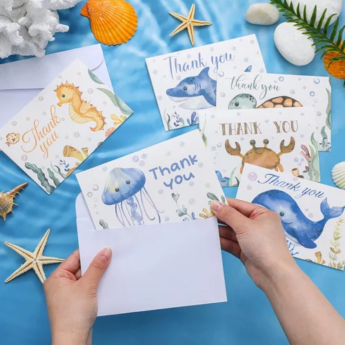 Miniatura 6 de Harloon 24 juegos de tarjetas de agradecimiento bajo el mar con sobres, ballena, tiburón y tortuga, notas de agradecimiento de acuarela oceánica