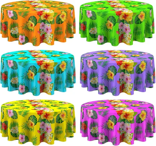 Oudain Mantel hawaiano de 3 piezas de 84 pulgadas con hojas de palmera tropicales, flores redondas, de plástico, desechable, circular, impermeable,