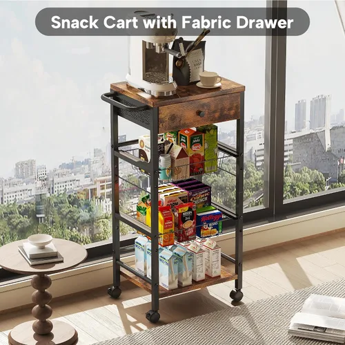 Miniatura 4 de Organizador de cocina y carrito de almacenamiento con cajón de tela y asa práctica, carrito organizador de aperitivos con 2 cestas extraíbles y 2