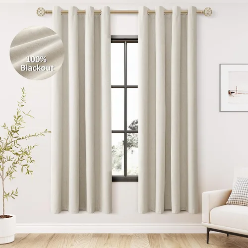 Miniatura 75 de Cream Linen Blackout Curtains 90 Length 2 Panels Set for Living Room Bedroom, 100% Black Out Thermal Insulated Linen Drapes, Room Darkening Grommet