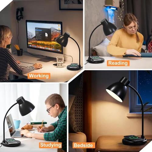 Miniatura 8 de Lámparas de escritorio para oficina en casa – Lámpara de escritorio LED con cargador inalámbrico, 3 modos de color regulables para el cuidado