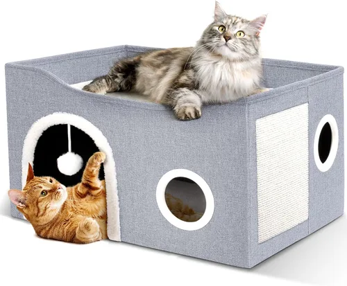Miniatura 15 de Heeyoo - Casa para gatos de interior, cueva grande con cama para gatos con bola esponjosa y almohadilla para arañar, casas y condominios plegables