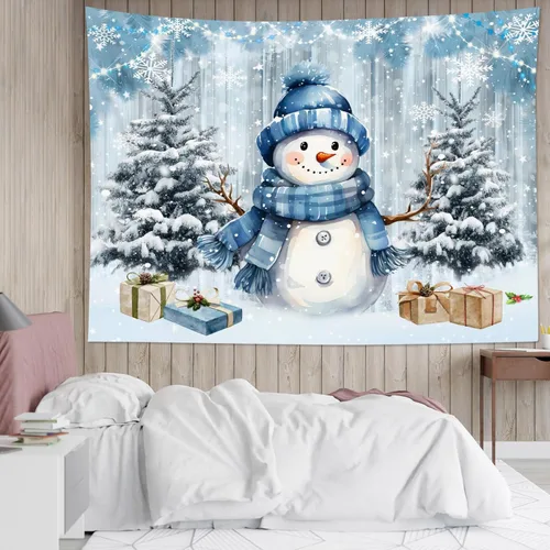 HVEST Tapiz navideño de invierno para colgar en la pared, muñeco de nieve divertido con sombrero azul y tapices de regalo de Navidad, tapiz de pino