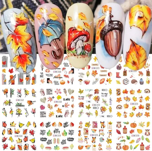 Calcomanías holográficas para arte de uñas, diseños holográficos de transferencia de agua de hoja de arce de otoño, hojas de otoño, hongos,