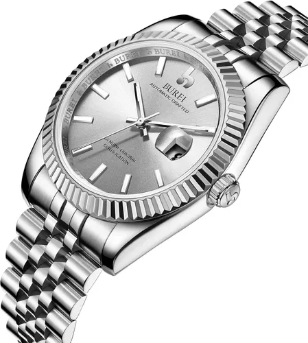 Miniatura 2 de BUREI - Reloj automático de lujo para hombre con lente de zafiro, calendario y correa de acero inoxidable