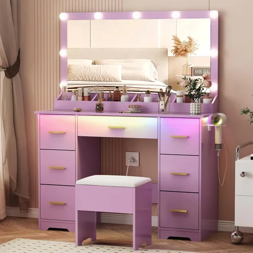 Miniatura 10 de Escritorio de tocador de 44 pulgadas con espejo grande de 38 pulgadas y 9 luces LED y parte superior de cristal y toma de corriente, juego