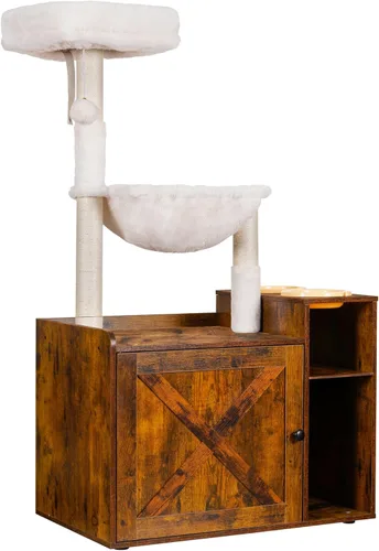 Hey-brother Árbol para gatos con recinto de caja de arena XL, torre para gatos todo en uno para gatos de interior con hamaca grande, cama, estación
