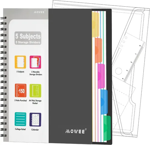 Miniatura 21 de Cuaderno de 5 materias – Cuaderno de espiral, cuaderno de rayas universitarias con bolsillo divisor, pestañas, regla de 11 pulgadas, 200 páginas