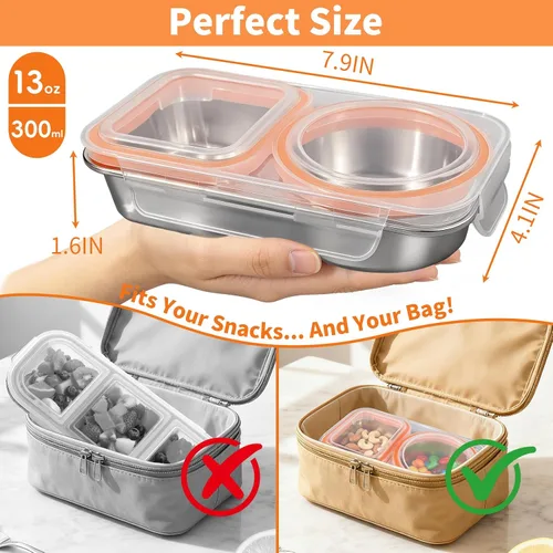 Miniatura 6 de Recipientes de acero inoxidable con tapa, contenedores reutilizables de 2 compartimentos para aperitivos a prueba de fugas, contenedor
