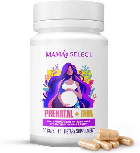 Vitaminas prenatales Mama's Select con DHA vegano – Sin pescado, sin eructos de pescado, sin alérgenos, apoyo MTHFR, ácido fólico metilado y