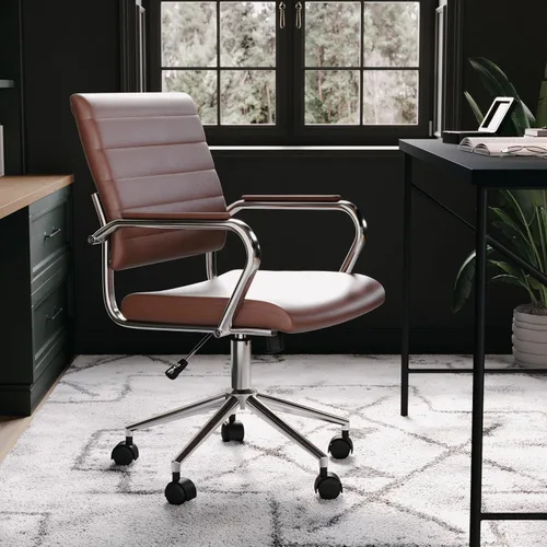 Miniatura 2 de Martha Stewart Piper - Silla giratoria con reposabrazos para oficina en casa en piel sintética marrón con marco de níquel pulido