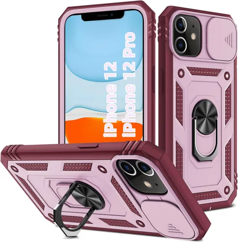 Miniatura 36 de Korecase Funda de protección para iPhone 12 Pro Max Kickstand con cubierta para lente de cámara, deslizante, grado militar, resistente, de doble Rosa