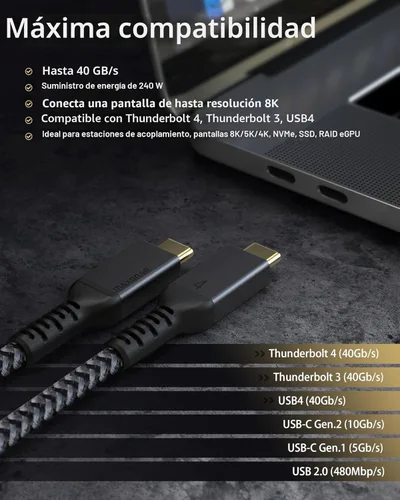 Miniatura 6 de Maxonar [Paquete de 2 de 3.3 pies] Cable Thunderbolt 4 con sincronización de 40Gbps, carga de 240W, pantalla de 8K/5K@60Hz para MacBook, SSD, iPhone