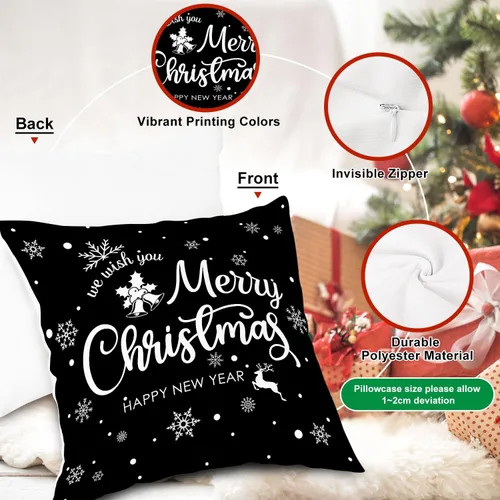 Miniatura 6 de Lanpn Fundas de Almohada Decorativas de Navidad 16x16 4 piezas, Negro Blanco Feliz Navidad Navidad Invierno Copo de Nieve Decorativas Vacaciones