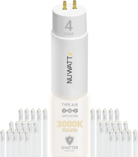 NUWATT Paquete de 30 tubos de luz LED T8 de 4 pies, T10 T12 híbrido tipo A+B, 3000 K blanco cálido, 18 W, alto brillo 2,200 lúmenes, reemplazo de
