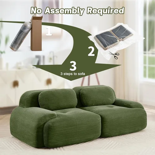 Miniatura 6 de Sofás modulares modulares sin hueso de 82 pulgadas para sala de estar, juego de sofá comprimido de 2 plazas, no requiere montaje, tela de pana, Verde