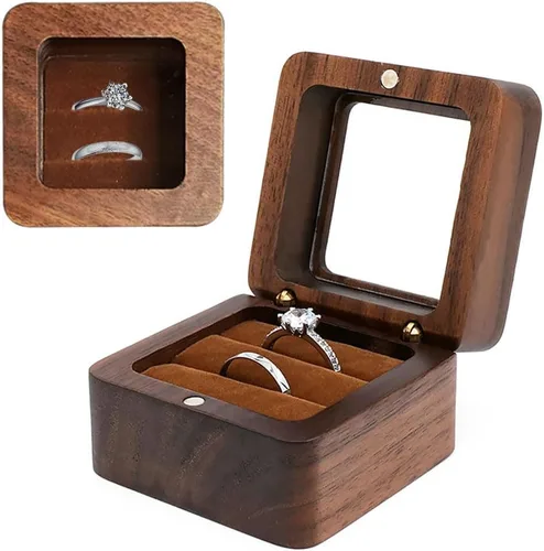Miniatura 9 de Caja de madera para anillos grabada, caja de almacenamiento de joyas cuadrada rústica, caja de anillo vintage para ceremonia de boda, compromiso