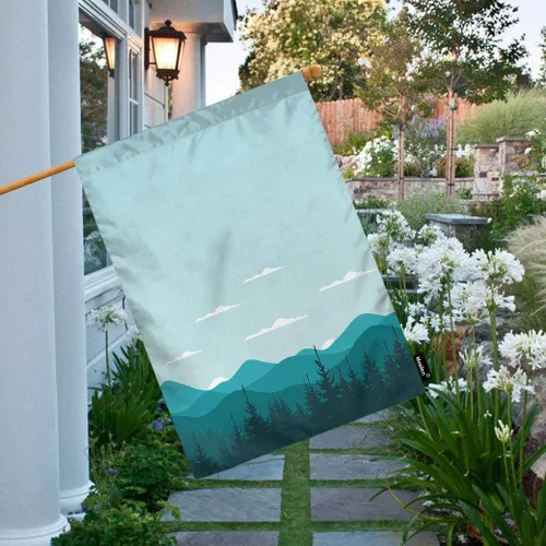 Miniatura 3 de Moslion Bandera de casa de montaña, árbol, nube blanca, montañas, niebla, pino, banderas de jardín de 28 x 40 pulgadas, bandera de doble cara