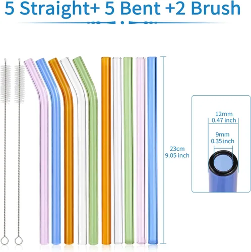 Miniatura 3 de 10 popotes de vidrio reutilizables para batidos, 0.354 x 0.472 in, para batidos, té, jugo, juego de 5 rectas y 5 dobladas con 2 cepillos