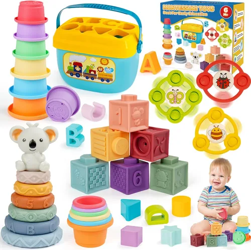 Juguetes Montessori para bebés de 6–12–18 meses con clasificador sensorial de formas, juego de emparejamiento, caja de vasos apilables, anillo