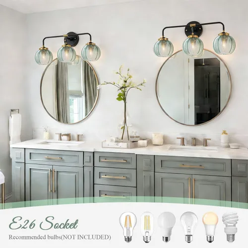 Miniatura 4 de Lámpara de tocador de baño de 3 luces, luz negra de montaje en pared con pantalla de vidrio verde, aplique de pared de mediados de siglo, lámpara
