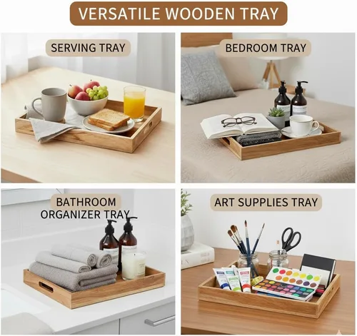 Miniatura 2 de Mela Artisans Bandeja de madera para servir con asas, 15 x 10 x 1.75 pulgadas, bandeja decorativa de madera de mango, bandeja otomana, aperitivos