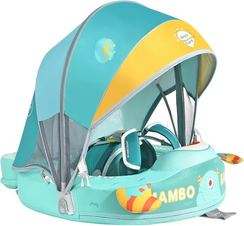 Miniatura 25 de Mambobaby Flotador con Toldo y Cola Nuevo Mejorado Flotador de Piscina No Inflable para Bebé Flotador de Natación Mambo Entrenador de Natación azul