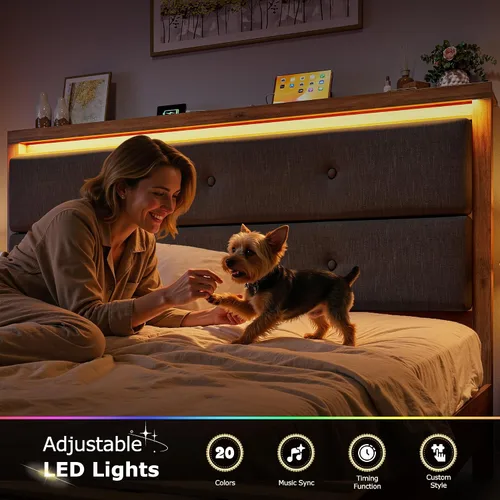 Miniatura 8 de EnHomee Base de cama de tamaño matrimonial con carga USB y tipo C y luces LED, cabecera de almacenamiento tapizada, cama de plataforma de madera