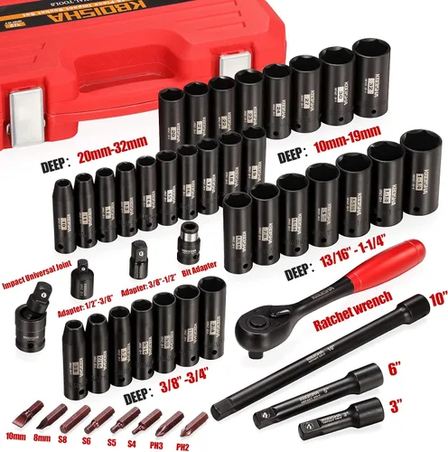 Miniatura 4 de KBOISHA Juego de llaves de impacto de 1/2", 48 piezas de 6 puntos profundos de 6 puntos de zócalos estándar SAE y métricos CR-V con adaptador