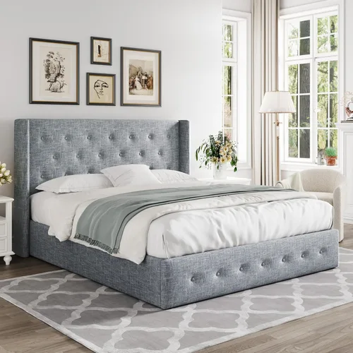 Miniatura 8 de Allewie Cama de Almacenamiento Elevable Tamaño Completo, Cabecero Capitonado con Botones con Respaldo de Ala, Soporte Hidráulico, No Necesita Gris